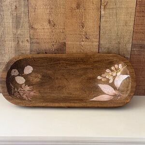 Upcycled Rustic Wooden Dough Bowl with Pale Peach Floral Accents